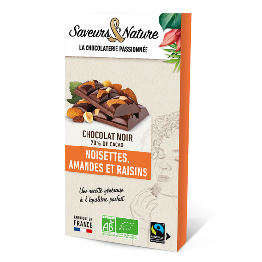 Saveurs & Nature -- Tablette de chocolat noir bio 70% de cacao minimum amandes. noisettes et raisins secs - 80 g