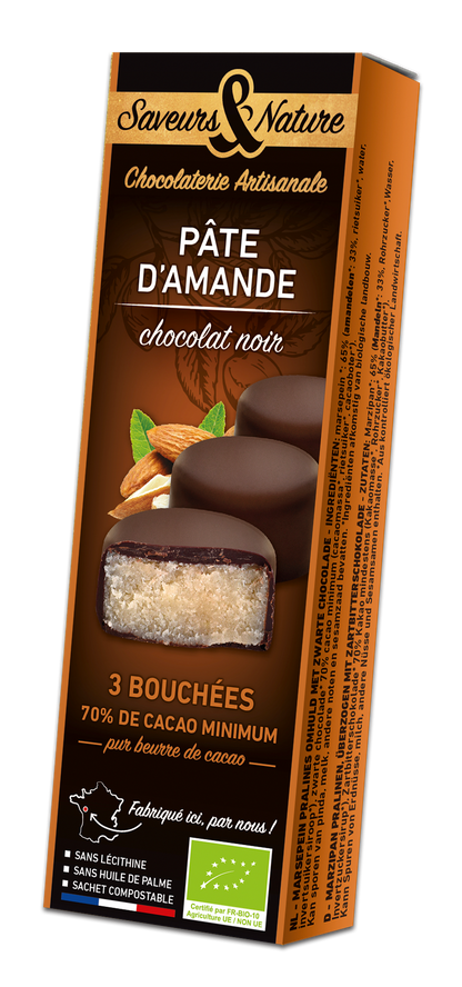 Saveurs & Nature -- Bouchées amandines pâte d'amande enrobée de chocolat noir 70% de cacao  x 10